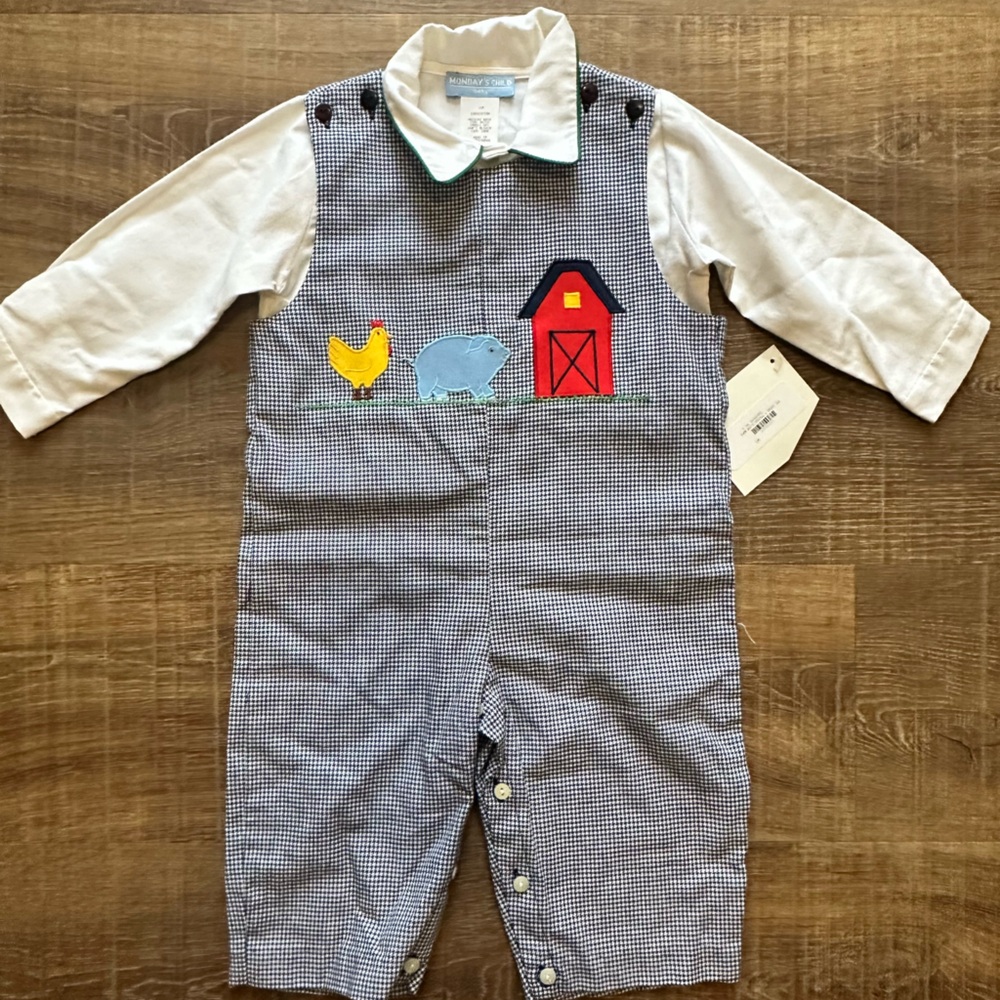 Monday’s Child Baby Smocked Blue Gingham Long Sleeve One Piece